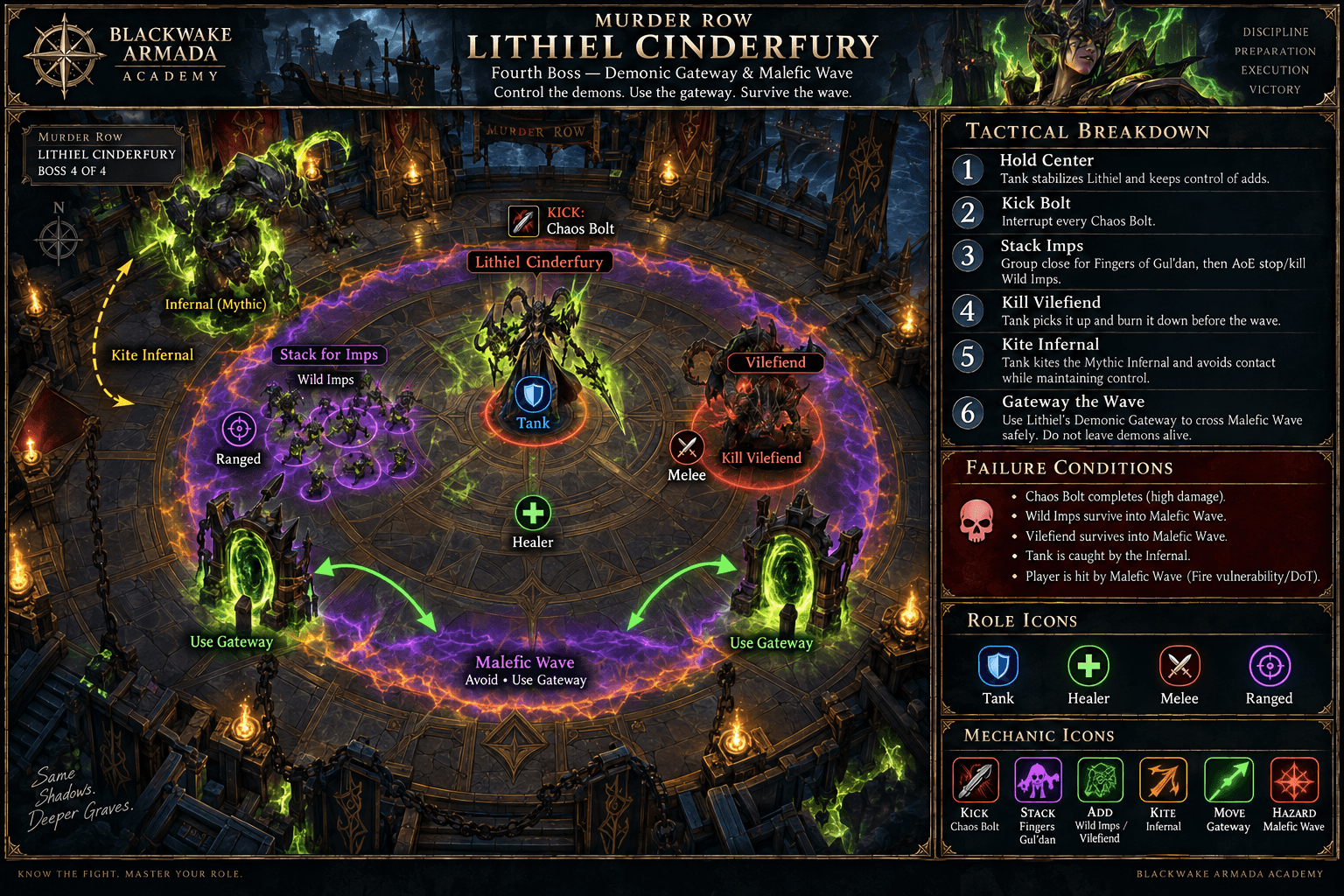 Lithiel Cinderfury fight diagram showing Chaos Bolt kicks, Infernal separation, grouped Wild Imps, Vilefiend control, Malefic Wave timing, and safe Demonic Gateway use.