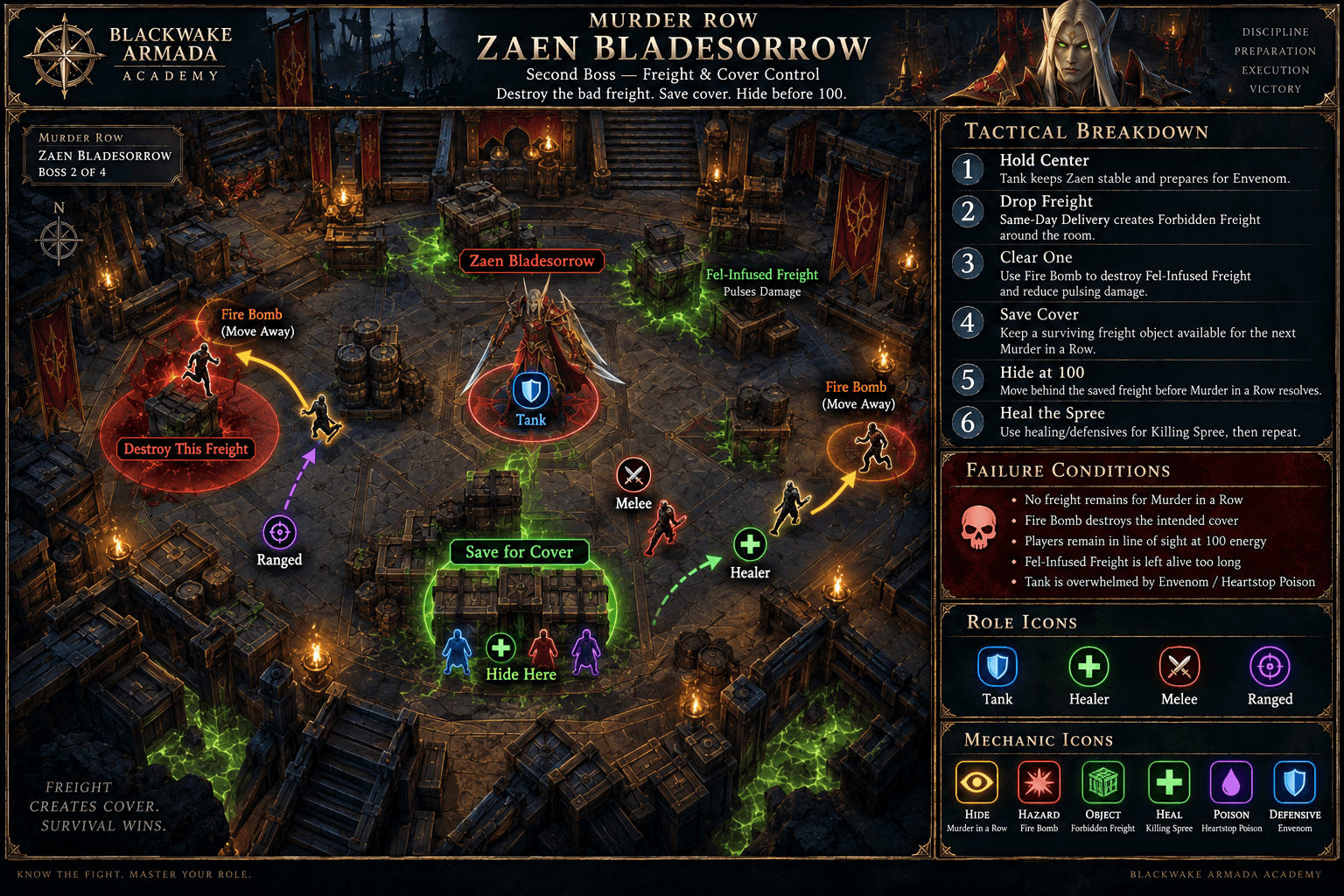 Zaen Bladesorrow fight diagram showing barrel cover assignments, Fire Bomb freight swaps, Murder in a Row lanes, Killing Spree recovery, and Envenom mitigation.