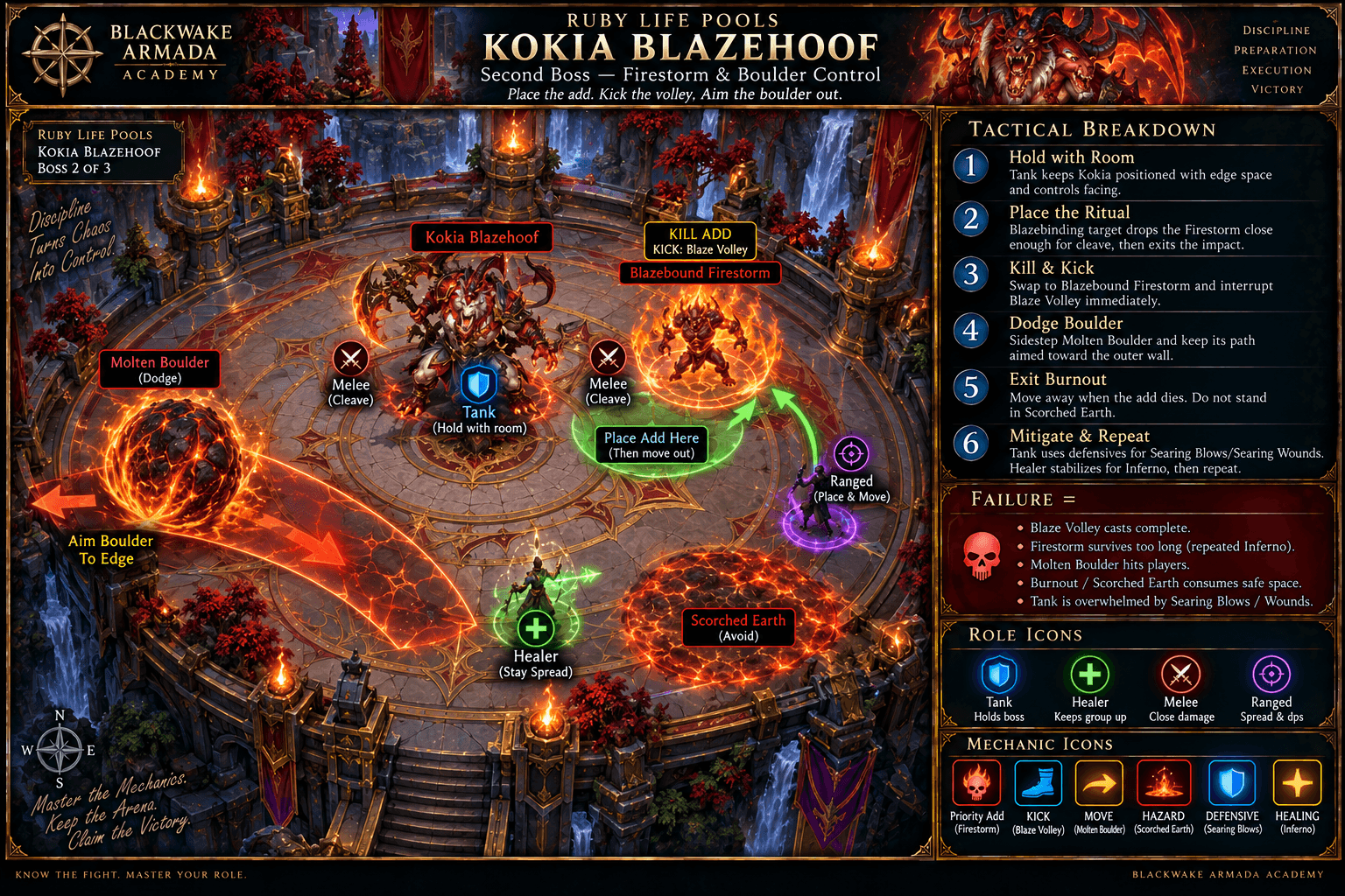 Kokia Blazehoof fight diagram showing Ritual of Blazebinding placement, Firestorm priority, Blaze Volley interrupts, Inferno healing, Molten Boulder baiting, and Searing Blows mitigation.